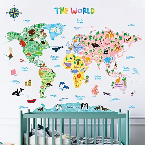 DECOWALL BS-1615S Animal World Map Kids Wall Stickers Wall Decals Peel and Stick Removable Wall Stickers for Kids Nursery Bedroom Living Room (Large) décor