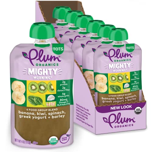 Plum Organics | Mighty Food Group Blend | Organic Baby Food Meals [12+ Months] | Banana, Kiwi, Spinach, Greek Yogurt & Barley | 4 Ounce Pouch (Pack Of 6) Packaging May Vary