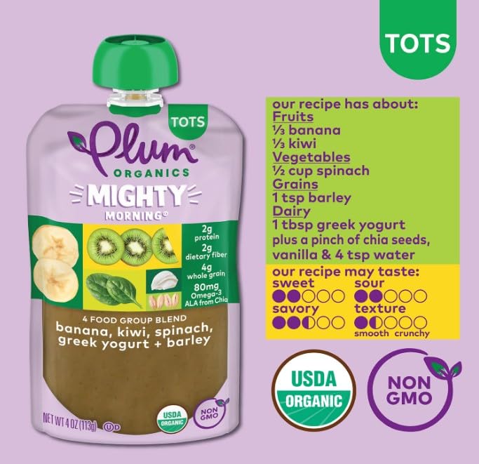 Plum Organics | Mighty Food Group Blend | Organic Baby Food Meals [12+ Months] | Banana, Kiwi, Spinach, Greek Yogurt & Barley | 4 Ounce Pouch (Pack Of 6) Packaging May Vary