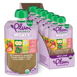 plum organics mighty food group blend organic baby food meals [12+ months] strawberry, banana, greek yogurt, kale, amaranth & oat 4 ounce pouch (pack of 6) packaging may vary