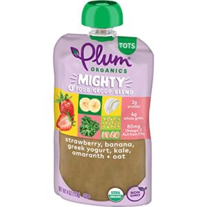 Plum Organics Mighty Food Group Blend Organic Baby Food Meals [12+ Months] Strawberry, Banana, Greek Yogurt, Kale, Amaranth & Oat 4 Ounce Pouch (Pack Of 6) Packaging May Vary