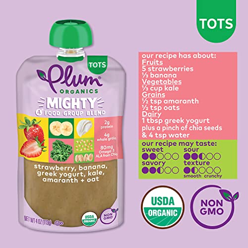 Plum Organics Mighty Food Group Blend Organic Baby Food Meals [12+ Months] Strawberry, Banana, Greek Yogurt, Kale, Amaranth & Oat 4 Ounce Pouch (Pack Of 6) Packaging May Vary