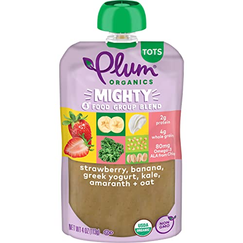 Plum Organics Mighty Food Group Blend Organic Baby Food Meals [12+ Months] Strawberry, Banana, Greek Yogurt, Kale, Amaranth & Oat 4 Ounce Pouch (Pack Of 6) Packaging May Vary