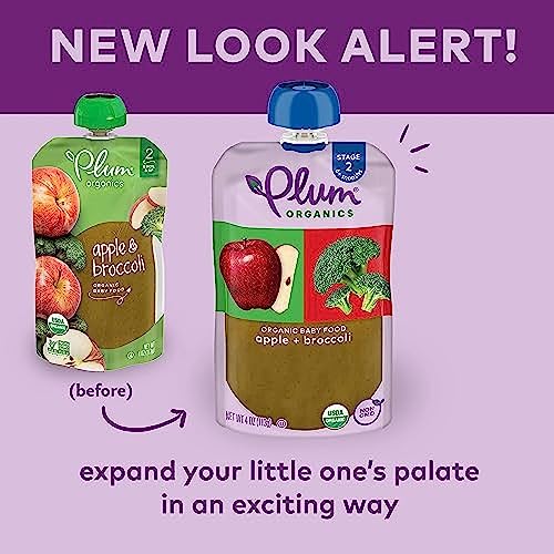 Plum Organics | Stage 2 | Organic Baby Food Meals [6+ Months] | Apple, & Broccoli | 4 Ounce Pouch (Pack Of 6)