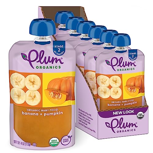 Plum Organics | Stage 2 | Organic Baby Food Meals [6+ Months] | Banana & Pumpkin | 4 Ounce Pouch (Pack Of 6) Packaging May Vary