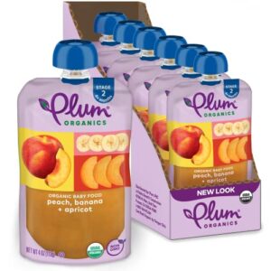 plum organics | stage 2 | organic baby food meals [6+ months] | peach, banana, apricot | 4 ounce pouch (pack of 6) packaging may vary