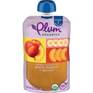 Plum Organics | Stage 2 | Organic Baby Food Meals [6+ Months] | Peach, Banana, Apricot | 4 Ounce Pouch (Pack Of 6) Packaging May Vary