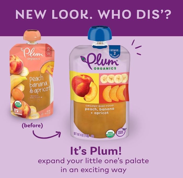 Plum Organics | Stage 2 | Organic Baby Food Meals [6+ Months] | Peach, Banana, Apricot | 4 Ounce Pouch (Pack Of 6) Packaging May Vary