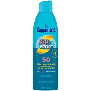 coppertone sport kids sunscreen spray spf 50, water resistant, continuous spray sunscreen for kids, broad spectrum sunscreen spf 50, 5.5 oz spray