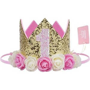 haomaomao baby birthday crown, girls party hat princess gold flower tiara photo props decorations birthday gifts (1st birthday crown)