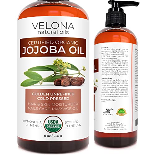 Velona Organic Jojoba Oil 8 oz - 100% Pure, Unrefined Cold Pressed for Face, Hair, Body, Acne Prone Skin Care, Stretch Marks & Cuticles (With Pump)