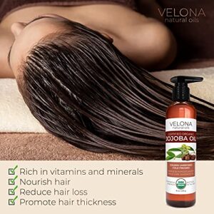 Velona Organic Jojoba Oil 8 oz - 100% Pure, Unrefined Cold Pressed for Face, Hair, Body, Acne Prone Skin Care, Stretch Marks & Cuticles (With Pump)