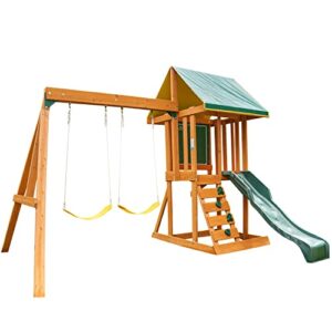 kidkraft appleton wooden swing set/playset with swings, slide, rock wall, chalkwall, clubhouse and sandbox, ages 3-10, amazon exclusive multicolor