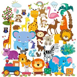 wall decals for kids - safari adventure decorative peel & stick animal wall art sticker for baby's & kids room, nursery, classroom, playroom, and party decorations - 55 pcs