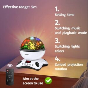 Moredig Kids Night Light Projector, Remote Baby Night Light for Kids Room with 12 Music Rotating Nursery Night Light Projector for Kids, Timer, 2 Projections, 18 Light Modes, Kids Gifts - Black