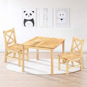 ehemco solid hard wood kids table and chair set (2 chairs included), natural, 3 piece set
