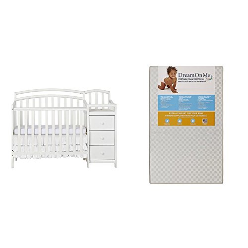 Dream On Me Casco 4 in 1 Mini Crib and Dressing Table Combo with Dream On Me 3 Portable Crib Mattress, White