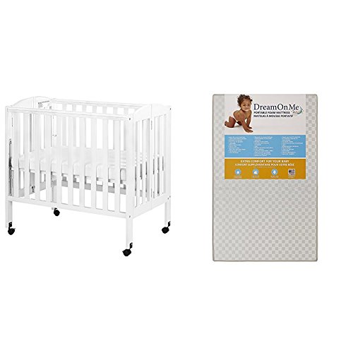 Dream On Me 3 in 1 Portable Folding Stationary Side Crib with Dream On Me 3 Portable Crib Mattress, White