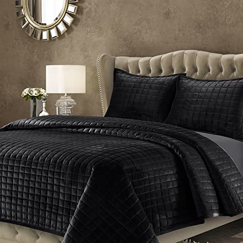 Tribeca Living Velvet Queen Quilt Set, Three-Piece Box Stitch Bedding Set Includes One Oversized Quilt & Two Sham Pillowcases, 260GSM Super Soft Velvet, Florence/Black