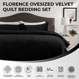 Tribeca Living Velvet Queen Quilt Set, Three-Piece Box Stitch Bedding Set Includes One Oversized Quilt & Two Sham Pillowcases, 260GSM Super Soft Velvet, Florence/Black