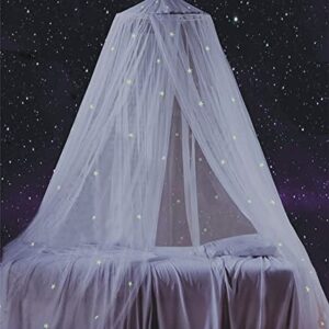 Bed Canopy for Girls with Glowing Stars in The Dark, White Princess Bed Curtain for Baby Crib, Kids Bed & Toddler Bed, Twin, Full & Queen Bed, Mosquito Net Canopy for Girl Room, Fire Retardant Fabric