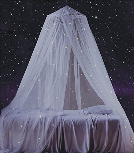 Bed Canopy for Girls with Glowing Stars in The Dark, White Princess Bed Curtain for Baby Crib, Kids Bed & Toddler Bed, Twin, Full & Queen Bed, Mosquito Net Canopy for Girl Room, Fire Retardant Fabric