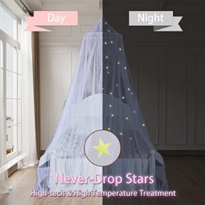 Bed Canopy for Girls with Glowing Stars in The Dark, White Princess Bed Curtain for Baby Crib, Kids Bed & Toddler Bed, Twin, Full & Queen Bed, Mosquito Net Canopy for Girl Room, Fire Retardant Fabric