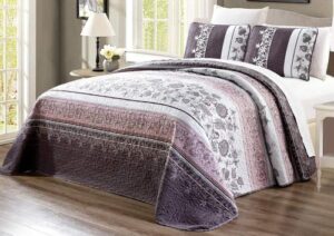 grand linen 3-piece oversize (115" x 95") fine printed prewashed quilt set reversible bedspread coverlet king size bed cover (purple. grey, black, white, floral)
