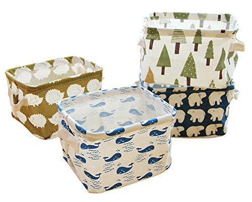 4 Pack Canvas Storage Basket Bins, Home Decor Organizers Bag for Adult Makeup, Baby Toys Liners, Books (4 pack, Tree,bear,hedgehog,whale)