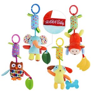 haha baby toys for 0 3 6 9 to 12 months, soft hanging crinkle squeaky sensory learning toy infant newborn stroller car seat crib travel activity plush animal wind chime with teether for boys girls