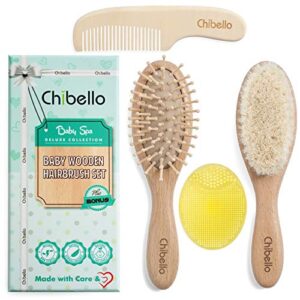 chibello 4 piece wooden baby hair brush and comb set natural goat bristles brush for cradle cap treatment wood bristle brush for newborns and toddlers perfect for baby shower and registry