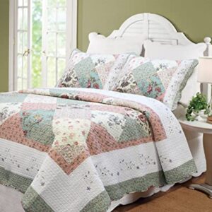 Cozy Line Home Fashions Floral Real Patchwork Green Peach Scalloped Edge Country 100% Cotton Quilt Bedding Set, Reversible Coverlet Bedspread (Celia, Queen - 3 Piece)