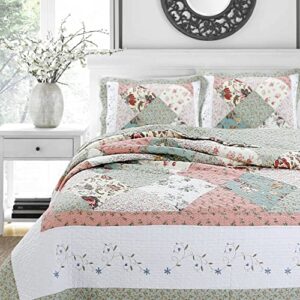 Cozy Line Home Fashions Floral Real Patchwork Green Peach Scalloped Edge Country 100% Cotton Quilt Bedding Set, Reversible Coverlet Bedspread (Celia, Queen - 3 Piece)