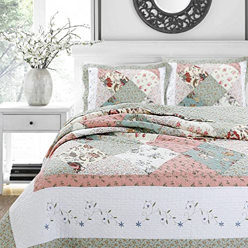 Cozy Line Home Fashions Floral Real Patchwork Green Peach Scalloped Edge Country 100% Cotton Quilt Bedding Set, Reversible Coverlet Bedspread (Celia, Queen - 3 Piece)