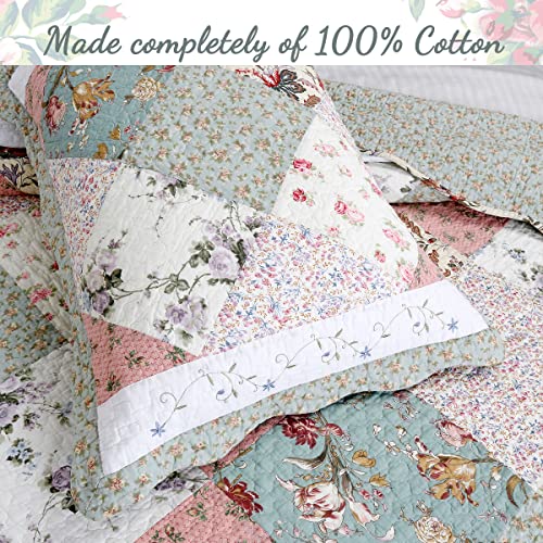 Cozy Line Home Fashions Floral Real Patchwork Green Peach Scalloped Edge Country 100% Cotton Quilt Bedding Set, Reversible Coverlet Bedspread (Celia, Queen - 3 Piece)