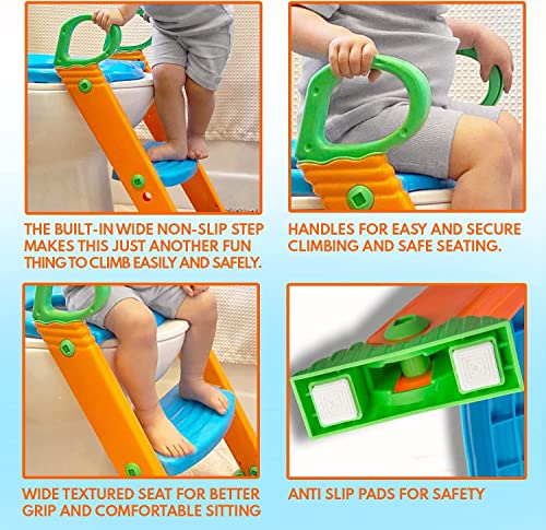 Alayna Potty Training Seat with Ladder & Upgraded Splashguard - Toilet Step Stool for Kids Toddlers w/Handles. Sturdy, Safe & Adjustable Height, Anti Slip Pads. Easy Fold Trainer for Boys Girls Baby