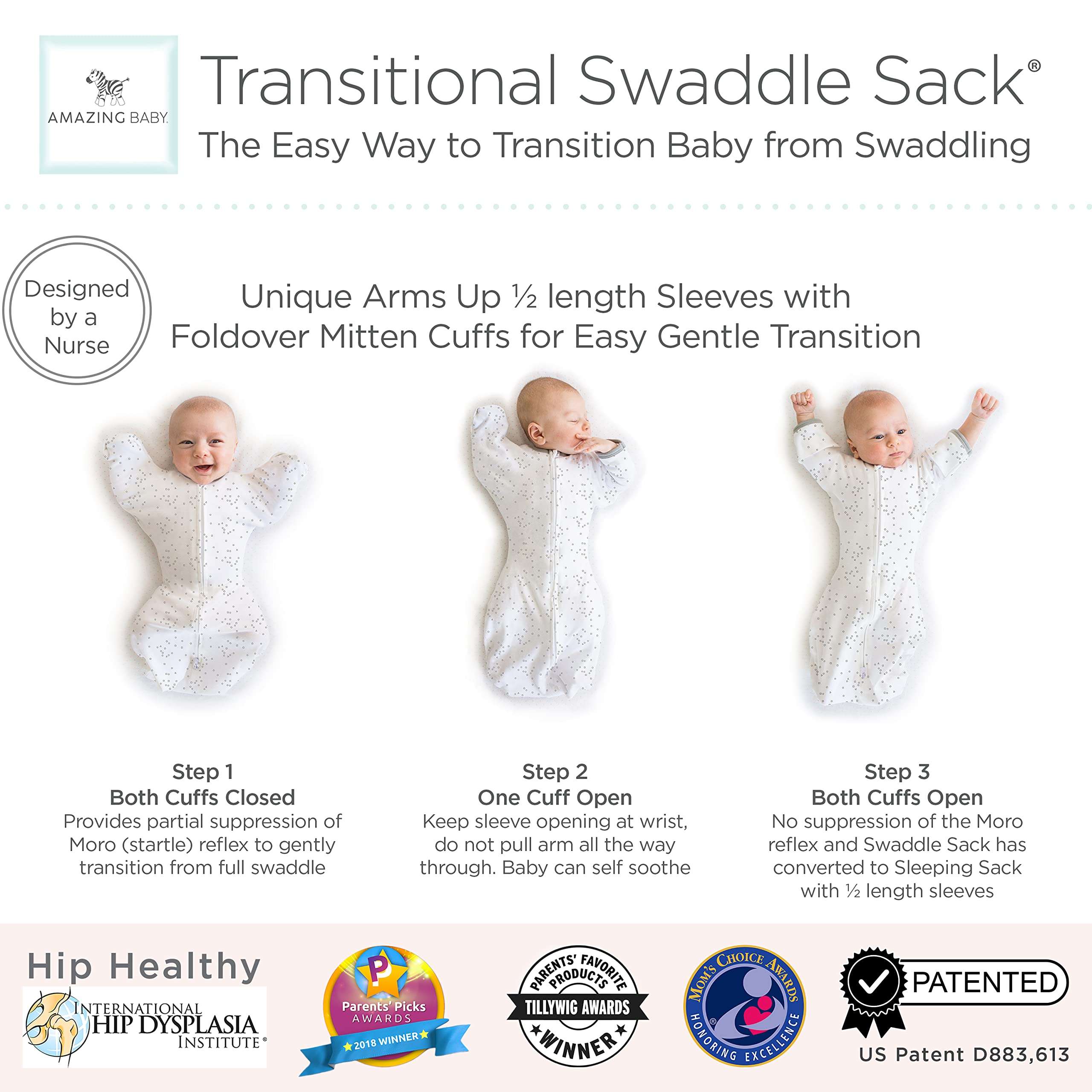 Amazing Baby Transitional Swaddle Sack with Arms Up Half-Length Sleeves and Mitten Cuffs, Tiny Elephants, Pink, Medium, 3-6 months, 14-21 lbs (Better Sleep for Baby Girls, Easy Swaddle Transition)