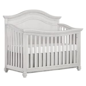 evolur madison 5-in-1 curved top convertible crib in antique grey mist, features 3 mattress height settings, wooden nursery and bedroom furniture, baby crib