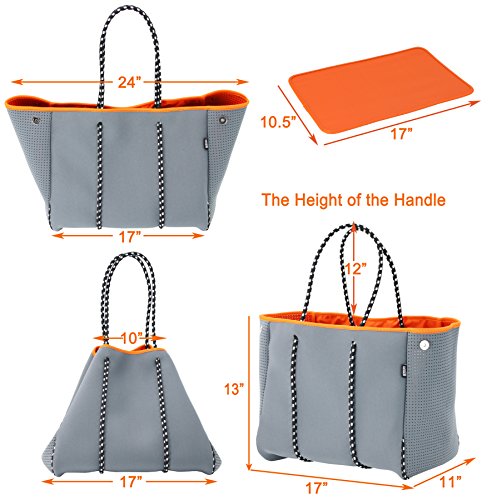 QOGiR Neoprene Multipurpose Beach Bag Tote with Inner Zipper Pocket (Grey, Large)