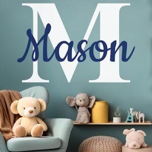 personalized name & initial vinyl wall decor i nursery wall decal for baby boy & girl decoration i stickers for kids i multiple options for customization (wide 22" x 15" height (small))