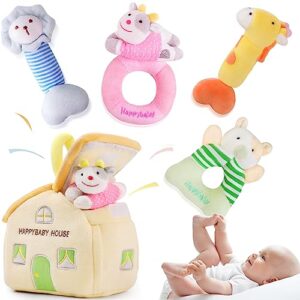 iplay, ilearn 4 plush baby soft rattle toys, hand grab sensory shaker, farm stuffed animal set, infant easter basket girls, unique newborn shower gifts for 2 3 6 9 12 18 month 1 year old boys toddlers