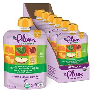 plum organics stage 3 organic baby food meals [9+ months] carrot, spinach, turkey, corn, apple & oat 4 ounce pouch (pack of 6) packaging may vary