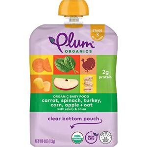 Plum Organics Stage 3 Organic Baby Food Meals [9+ Months] Carrot, Spinach, Turkey, Corn, Apple & Oat 4 Ounce Pouch (Pack Of 6) Packaging May Vary