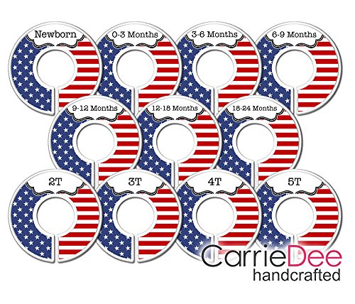 CarrieDee Handcrafted Nursery Closet Size Dividers, Baby Clothes Organizers, Patriotic Stars & Stripes, American Flag - Set of 11