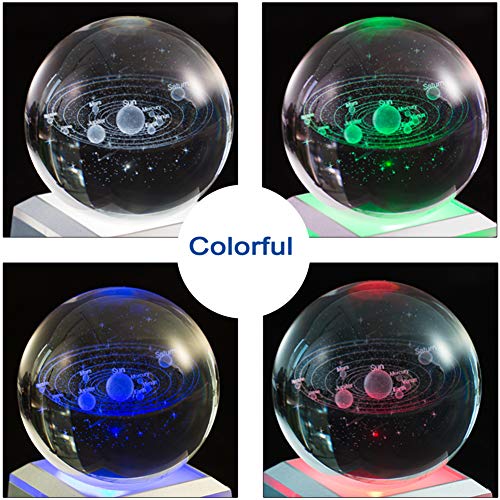 ERWEI 3D Solar System Model Crystal Ball 3.15" Laser Engraved Universe Planets Globe with Led Light Base Science Astronomy Gifts Educational Space Gift Kids Solar System Toys