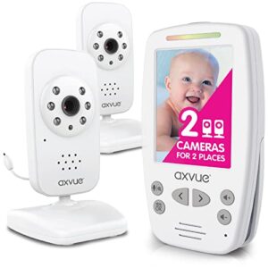 axvue video baby monitor, slim handheld, non-slip design, 2.8" vertical screen monitor & 2 camera, range up to 1000ft, 12 hour battery life, 2-way talk, night vision, temperature monitor, no wifi.
