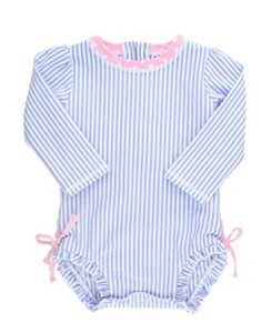 rufflebutts® baby/toddler girls long sleeve one piece swimsuit - blue seersucker with upf 50+ sun protection - 6-12m