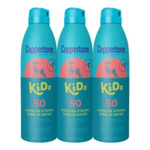 coppertone kids sunscreen spray, spf 50 sunscreen for kids, water resistant broad spectrum sunscreen spray, 5.5 oz, pack of 3