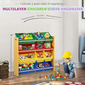 FDW Toy Organizer Storage Kids Box Playroom Bedroom Shelf Drawer with Plastic Bins,Nature