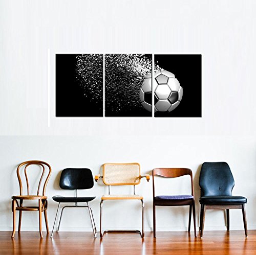 Meiji Black and White Splash Soccer Football Balls Wall Art Posters Prints on Wrapped Frames 3 Pieces for Boys Kids Gifts Room Decoration Ready to Hang,12x16inchx3 (White)